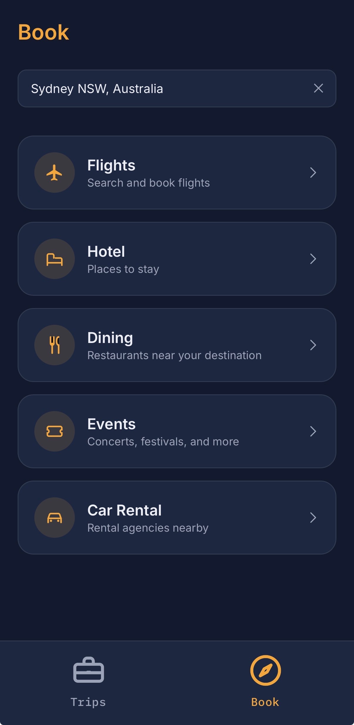 Book tab showing flights, hotels, dining and car rental categories