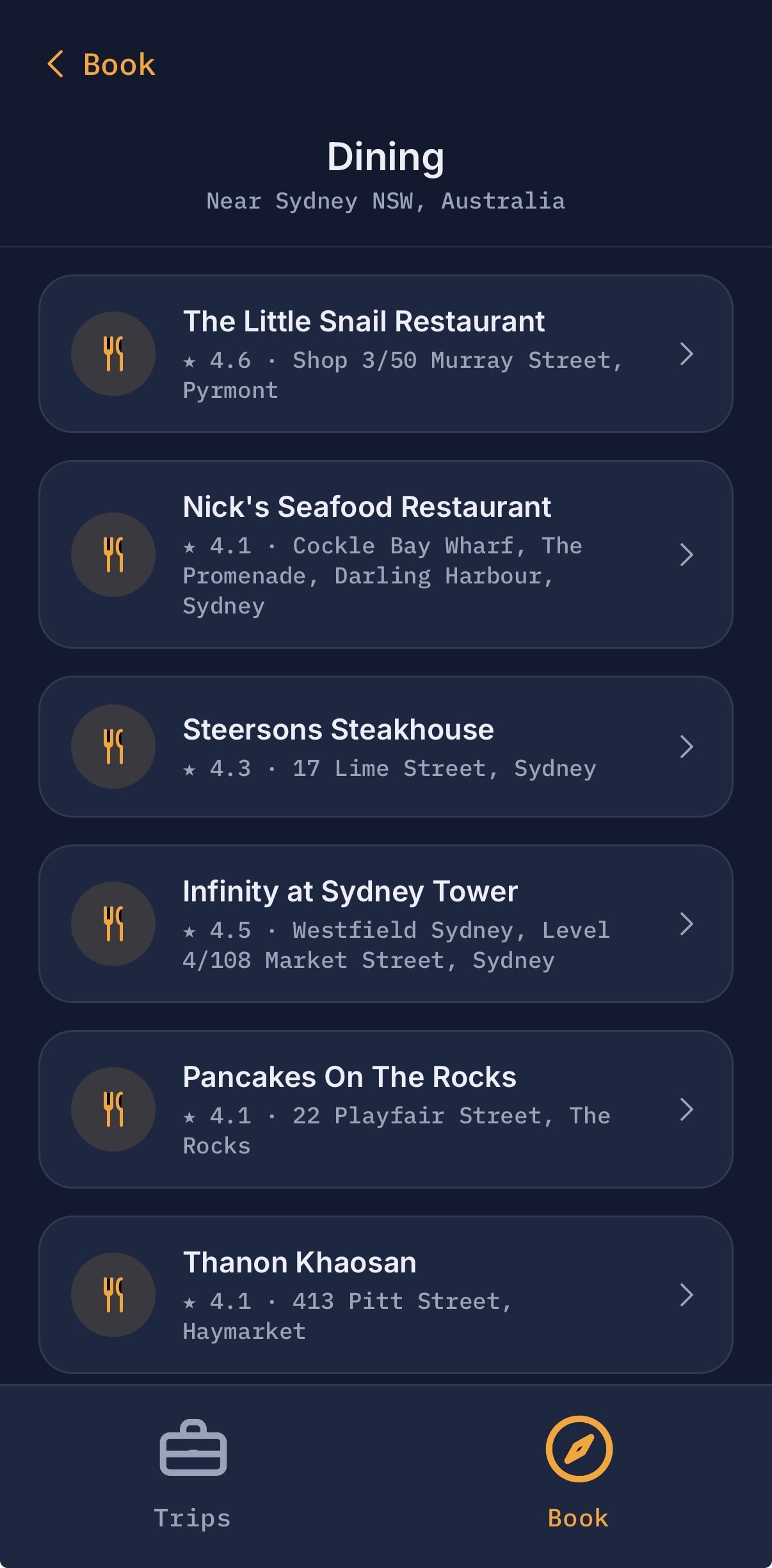 Restaurants near the destination with ratings and addresses