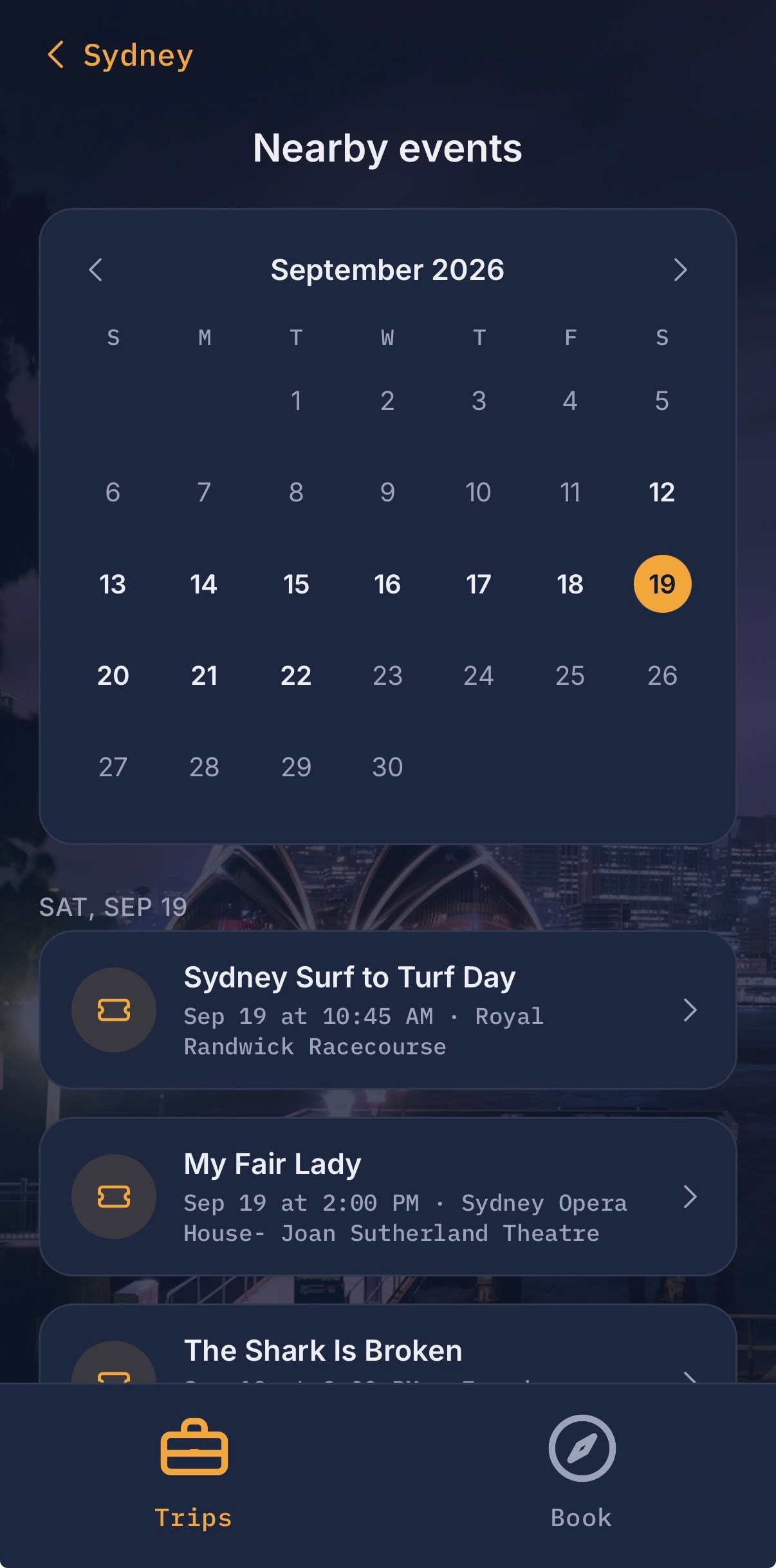Nearby events for the destination on a chosen date