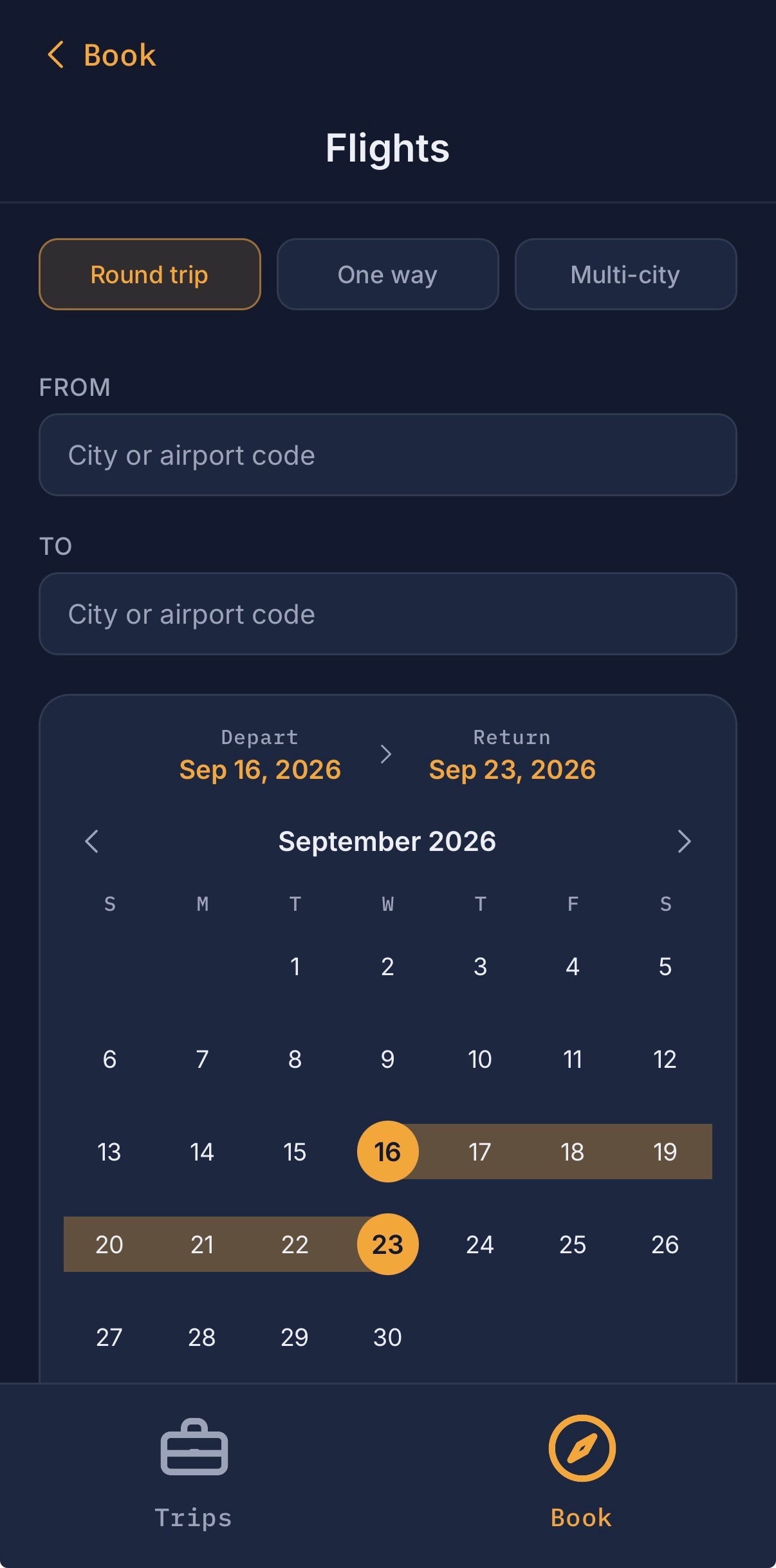 Flight search results with fares and times