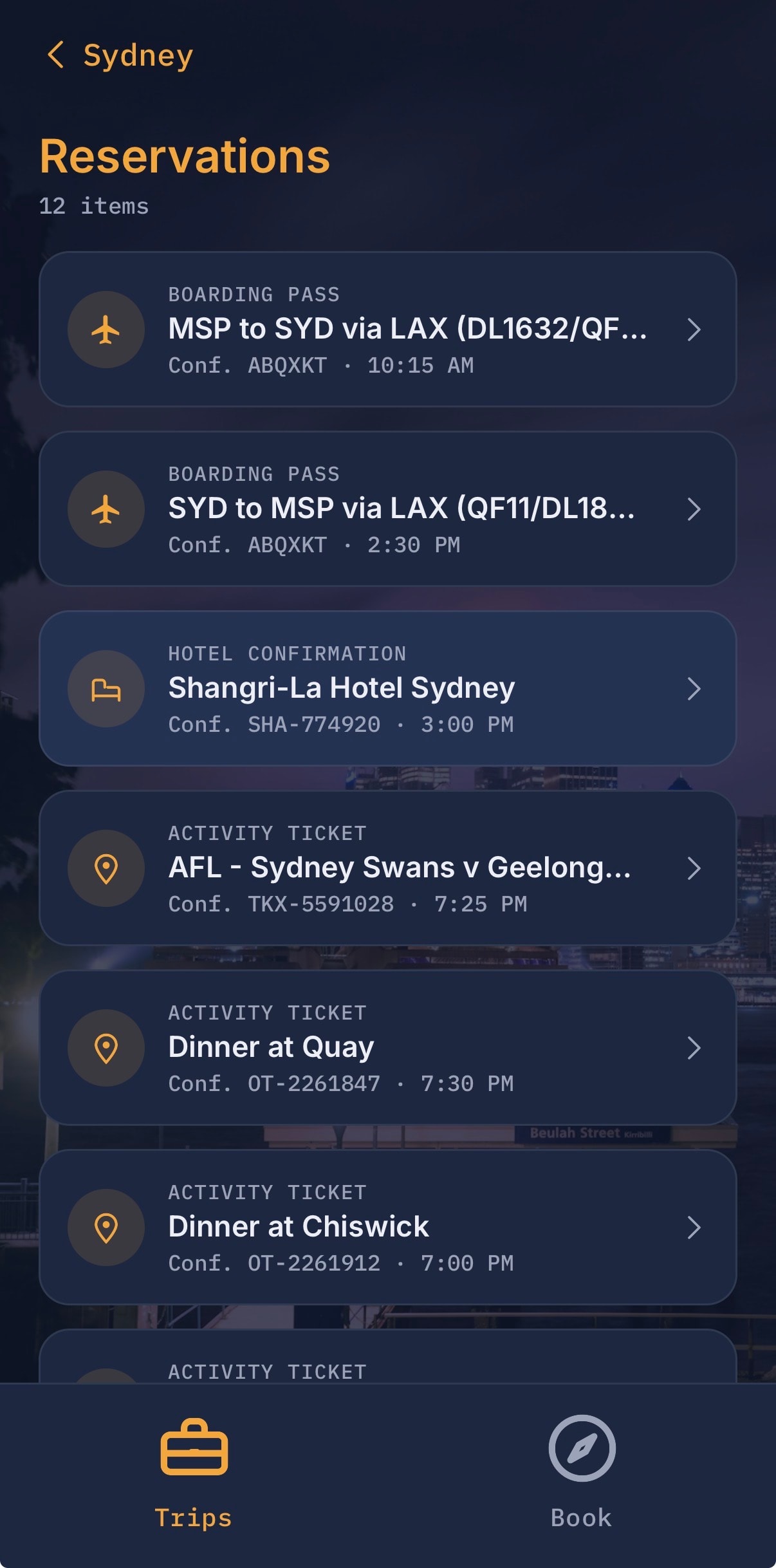 Reservations screen listing booking references for the trip