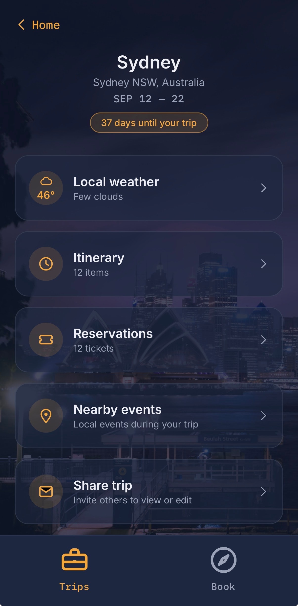Trip details showing flights, transfers and hotel check-in in order