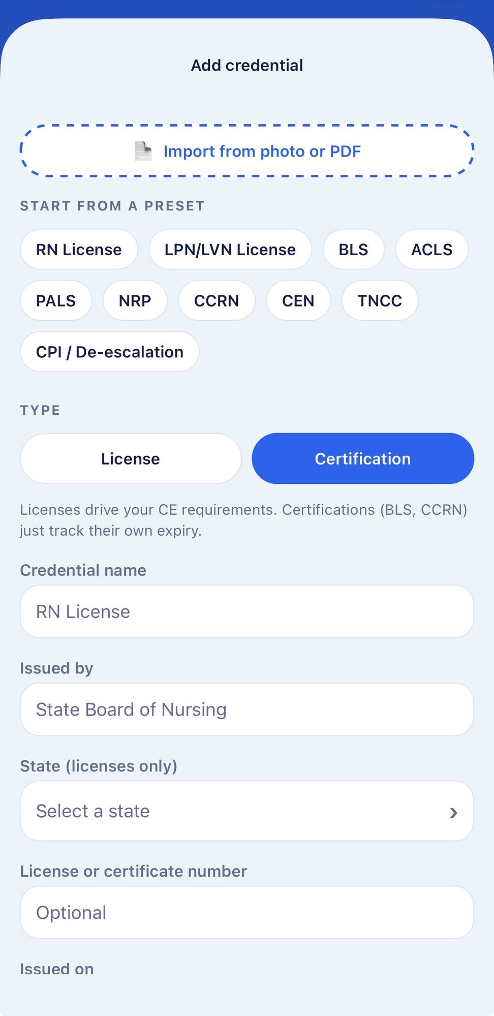 Add credential screen with import from photo or PDF and license presets