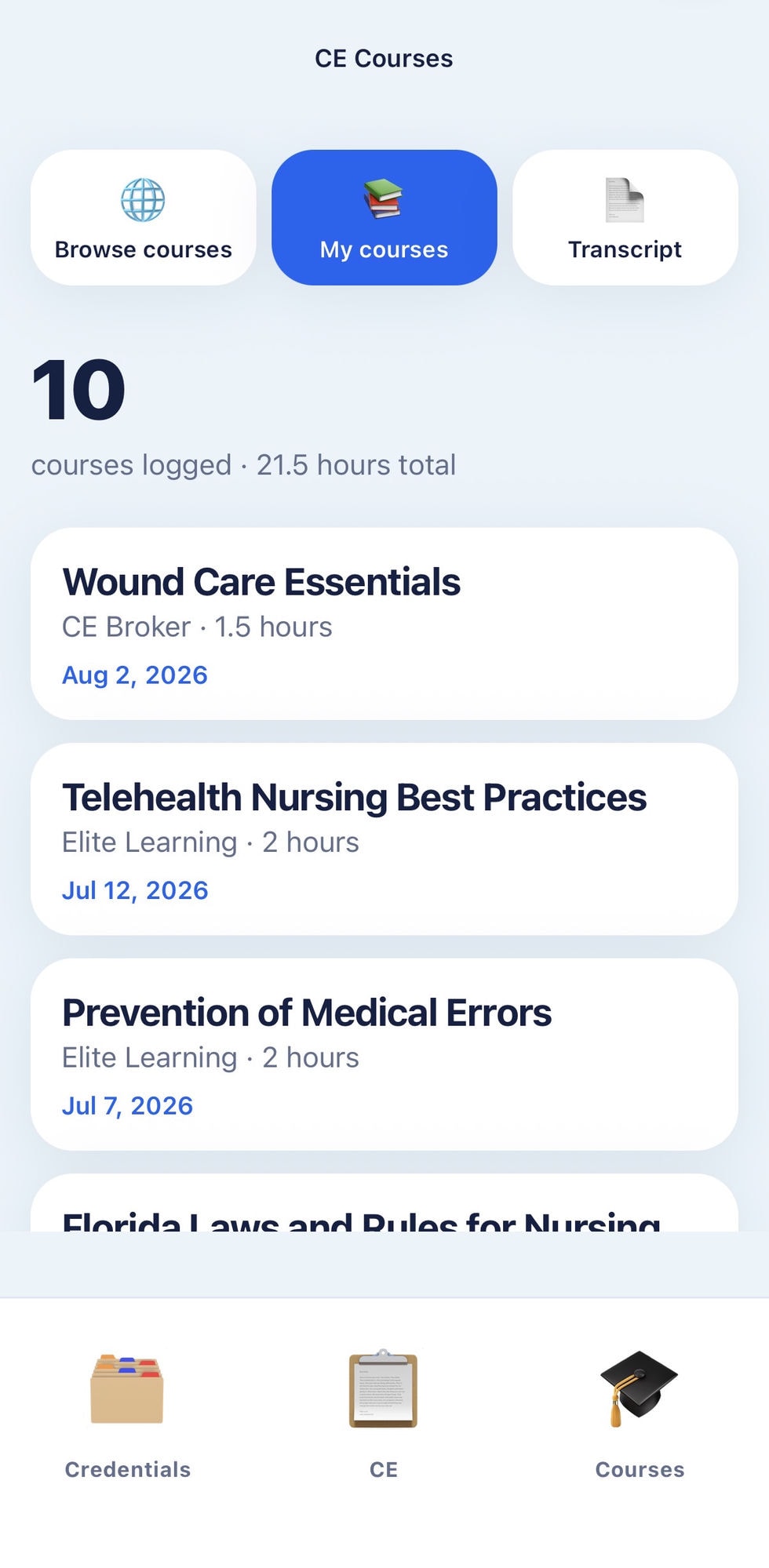 CE Courses screen listing every logged course with hours and completion dates