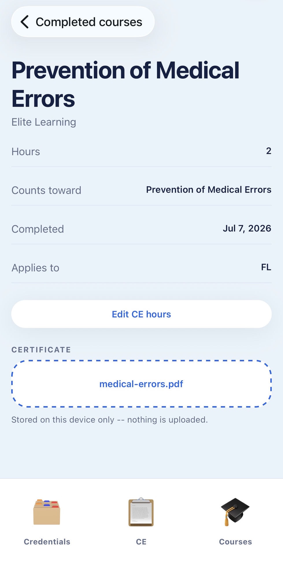 Completed CE course detail showing hours, completion date, and attached certificate